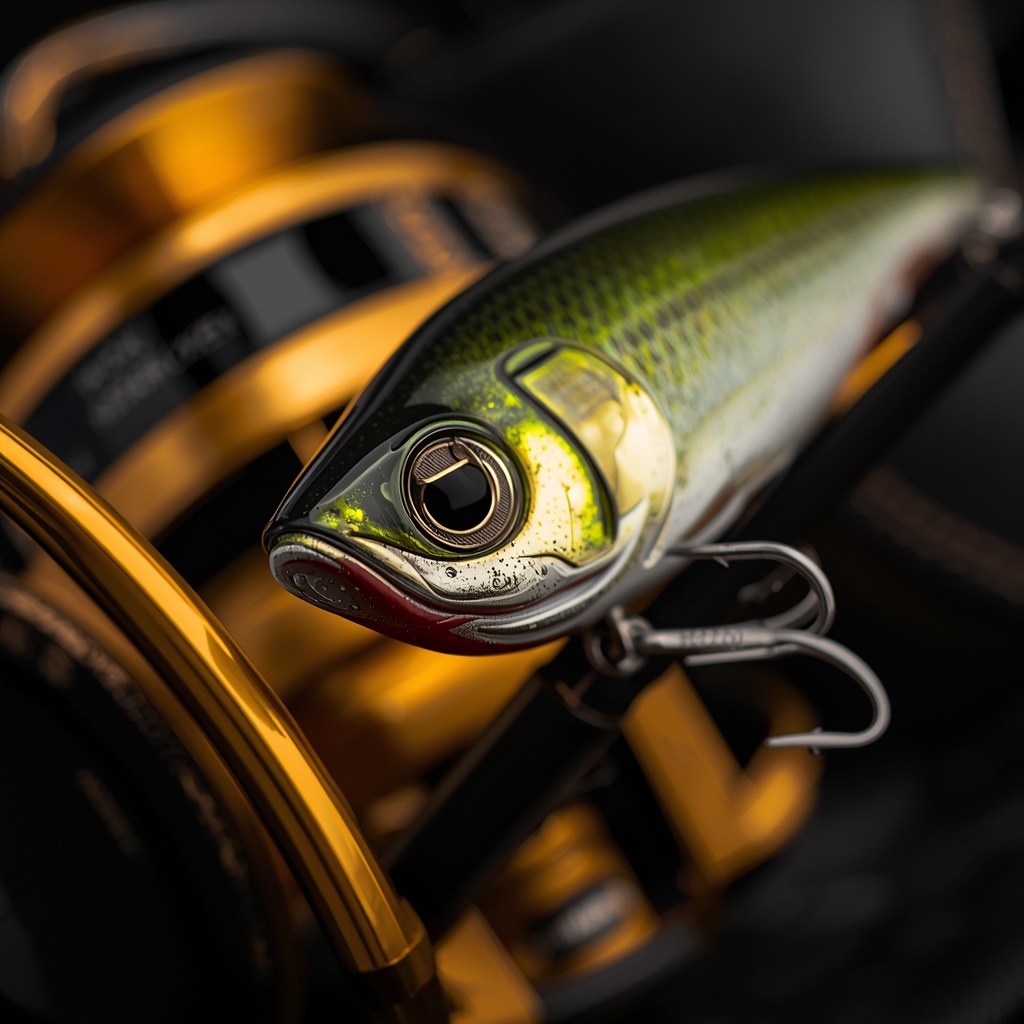 Close up of a high quality fishing reel and lure, detailed, macro